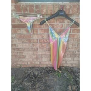 Vtg Zuliana Rainbow Metallic Snake Shimmer Bikini Set Large Made in USA Rave Y2k